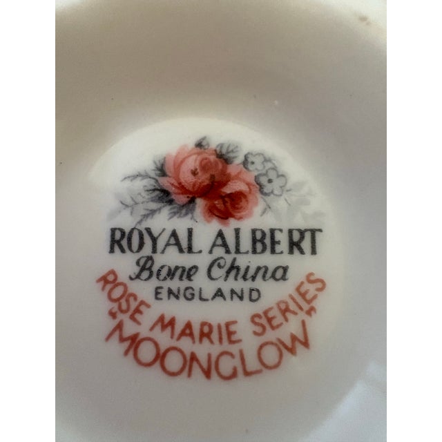 English Vintage Royal Albert Moonglow Teacup and Saucer, Rose Marie Series, English Bone China, Pink Roses & Yellow Gold Trim For Sale - Image 3 of 7