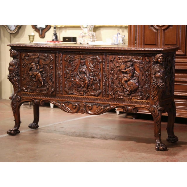 Late 19th Century 19th C. Italian Renaissance Revival Carved Walnut Credenza With Figural Panels For Sale - Image 5 of 12