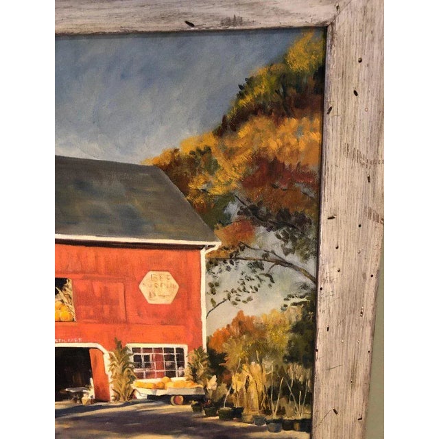 1970s Autumn Barn Landscape and Oil on Canvas of Red Barn Signed J. Preece For Sale - Image 5 of 13