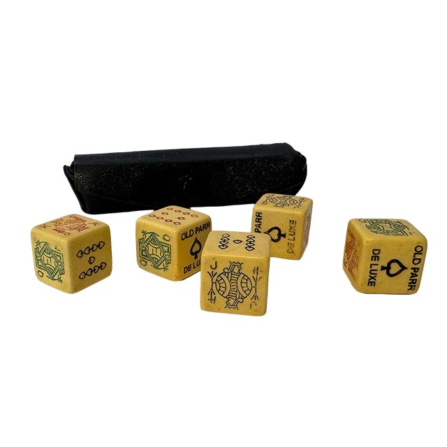 Now this little set has stories to tell! A rare and fabulous vintage set of five butterscotch Bakelite poker dice created...