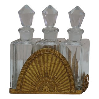 Antique French Art Deco Gilt Bronze Crystal Perfume Decanter Bottle Caddy Set 5" For Sale