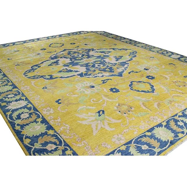 Textile Handwoven Yellow/Blue Traditional Indian Agra Area Rug 12'4" X 15'4" For Sale - Image 7 of 10