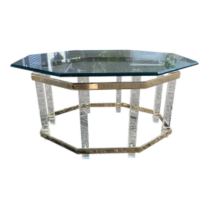 Vintage Charles Hollis Art Deco Glass, Lucite, and Brass Octagon Coffee Table