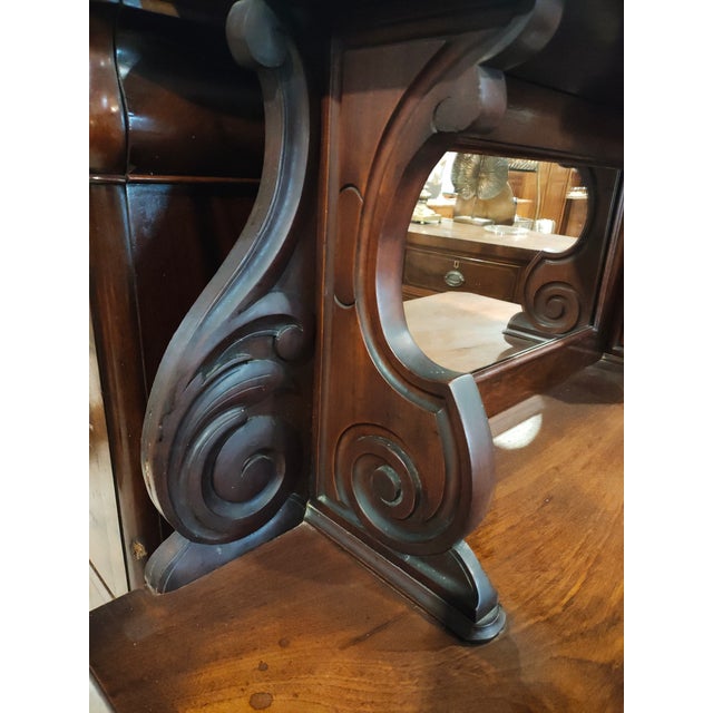Late 19th Century Continental Empire Mahogany Sideboard Buffet With Mirror Back & Carved Scroll Crest For Sale - Image 4 of 12