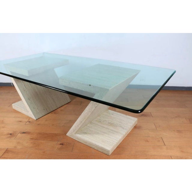 Mid-Century Modern Mid-Century Modern Travertine & Glass Dining Table | Sculptural Z-Base, 1970s For Sale - Image 3 of 9