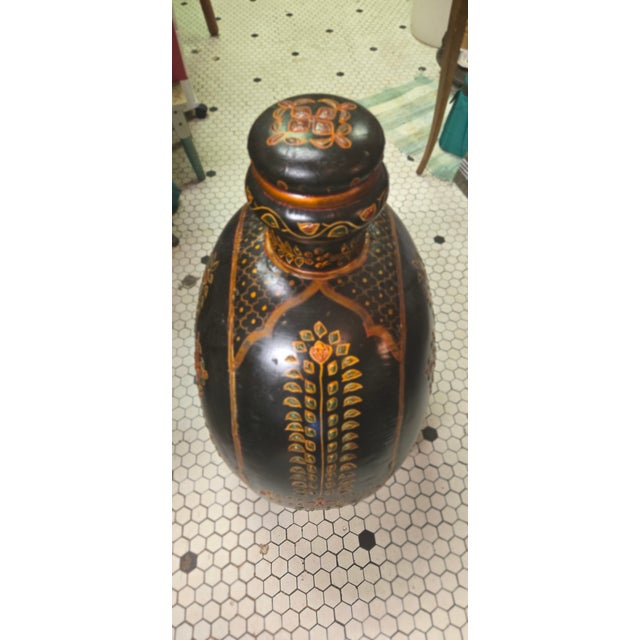 Vintage Hand-Painted Blackware Pottery Bottle Vase With Floral Folk Art Motif For Sale - Image 11 of 18