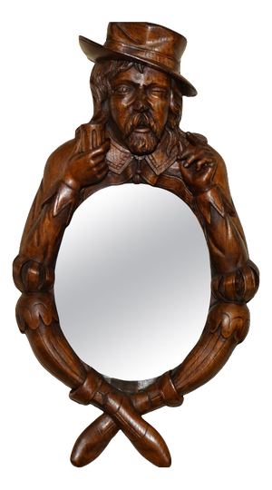 Antique Black Forest Folk Art Wall Mirror of Chap with Bee on Nose