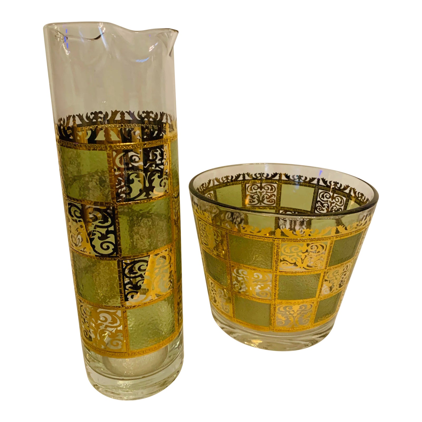 Vintage Culver Ltd. Signed Green & Gold “Prado” Martini Pitcher & Ice