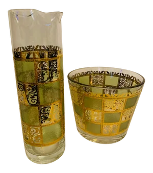 Vintage Culver Ltd. Signed Green & Gold “Prado” Martini Pitcher & Ice Bucket Set- 2 Pieces
