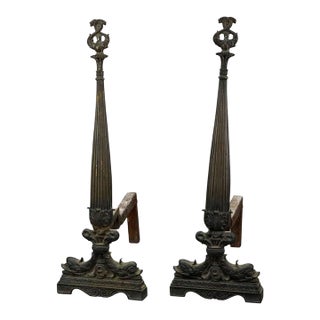 Antique French Second Empire Figural Bronze Andirons With Dolphin Finials 19thC For Sale