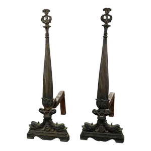 Antique French Second Empire Figural Bronze Andirons With Dolphin Finials 19thC