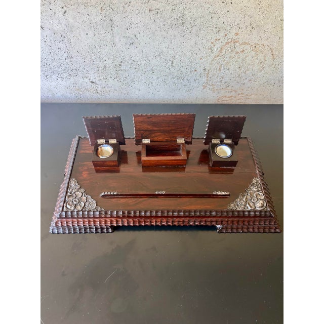 Antique Rosewood Desk Stand Inkwell Set Silver Mounted Writing Stand For Sale - Image 4 of 12