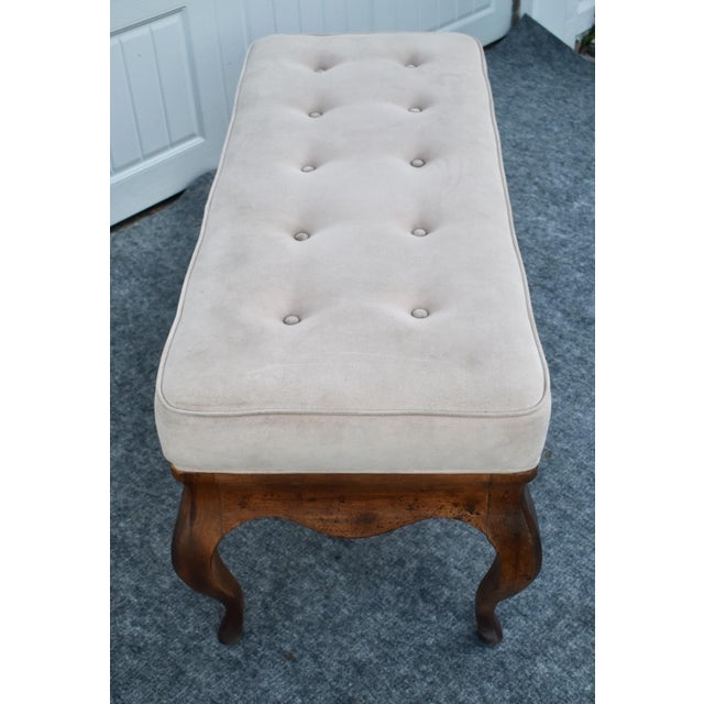 French Country Window Bench Vintage Tufted Upholstered Carved End Stool For Sale - Image 12 of 15