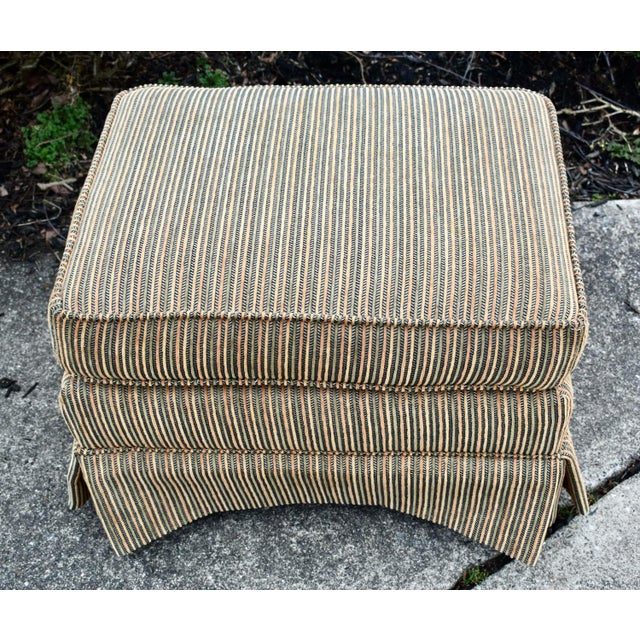 English Vintage Ethan Allen Skirted & Pleated Bottom Ottoman W/Herringbone Fabric For Sale - Image 3 of 12