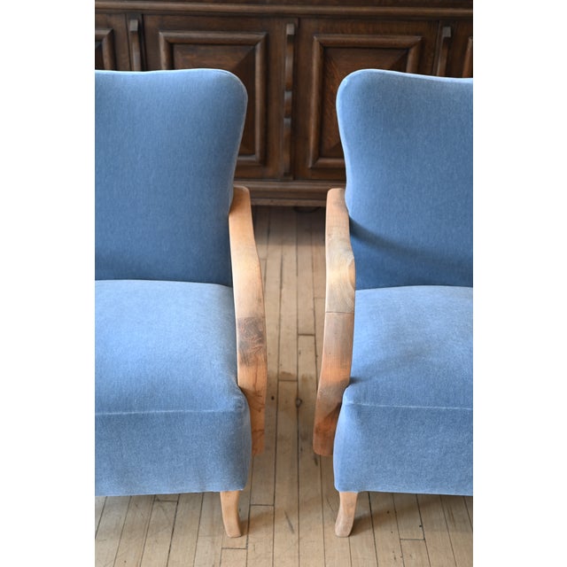 A pair of Art Deco period Halabala armchairs by the Czech designer Jindrich Halabala. Great character with bentwood oak...