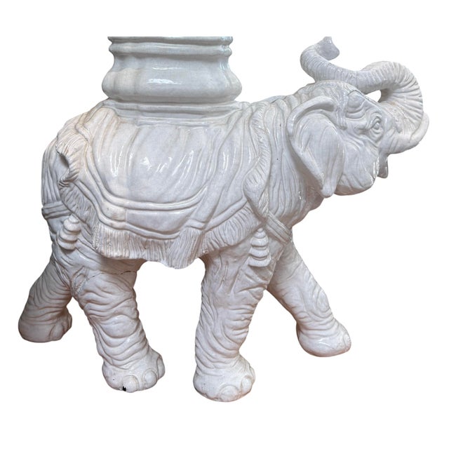 Majolica Vintage White Majolica Pottery Glass Top Elephant Side Table For Sale - Image 4 of 4