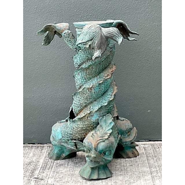 Hollywood Regency Vintage Patinated Bronze Koi Table Pedestal For Sale - Image 3 of 12