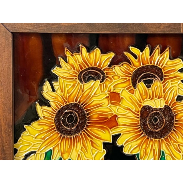 Large Vintage Ceramic Sunflowers in Vase – Framed Wall Hanging Kitchen Art For Sale - Image 4 of 10
