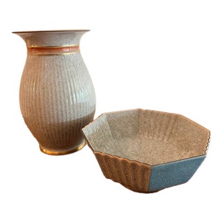 Royal Copenhagen Gray Crackle Glaze Vase and Faceted Bowl, Set of 2 For Sale