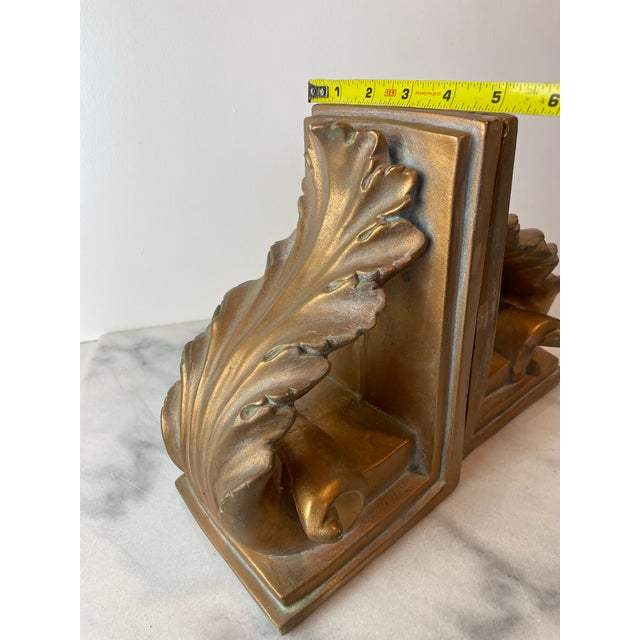 1990s 1991 Brushed Gold Plaster Acanthus Leaf Scroll Cornice Wall Sconces or Bookends For Sale - Image 5 of 10