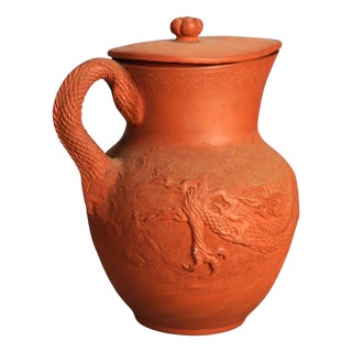 Antique Japanese Figural Carved in Relief Dragon Terra Cotta Pitcher & Lid C1930 For Sale