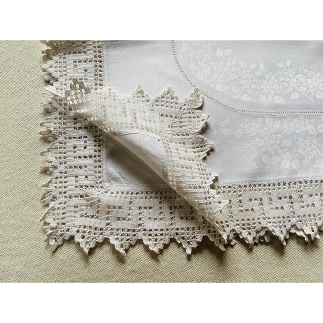 1900 - 1909 Antique Linen Tea Cloth With Greek Key Lace Border & Woven Medallion Center — Early 20th C. For Sale - Image 5 of 18