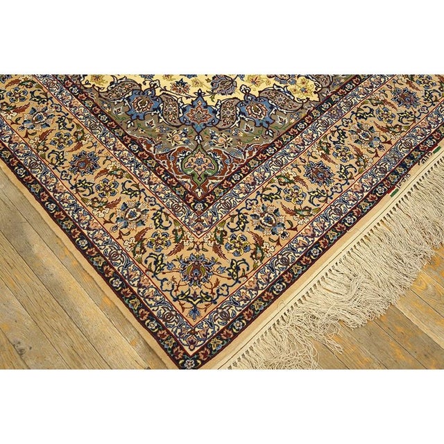 1950s Small Classic Beige Field Medallion Vintage Isfahan Wool Silk Carpet Rug For Sale - Image 10 of 12