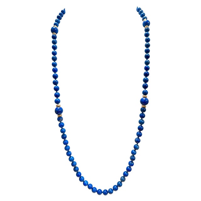 2020s Lapis Lazuli Single Strand Necklace 14 Kt Roundel Yellow Gold , 32 Inch For Sale - Image 5 of 8