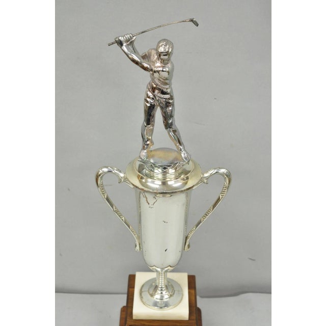 Vintage 1970s Art Deco Silver Metal Marble & Wood Figural Golf Trophy Award Cup For Sale - Image 12 of 17