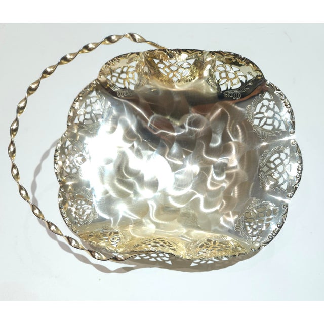 1960s Silver Plated Brass Swing Handle Basket Dish For Sale - Image 4 of 11