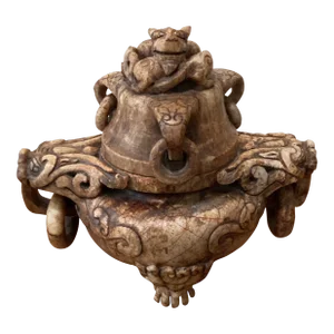 Antique Chinese Carved Jade Tripod Lidded Incense Burner Censer