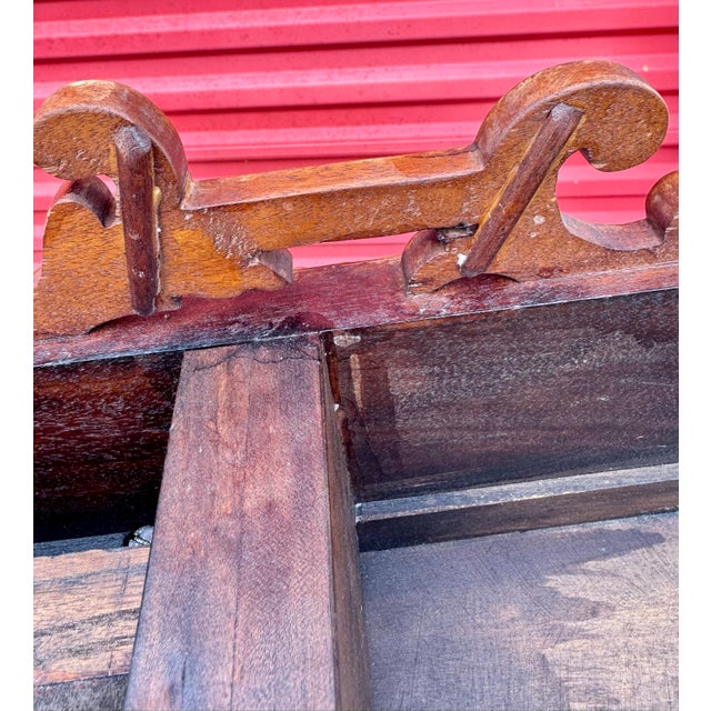 Wood Pair Antique Carved Chinese Chippendale Faux Bamboo Fretwork Banded Inlay Single Drawer Hall Foyer Console Tables For Sale - Image 7 of 12