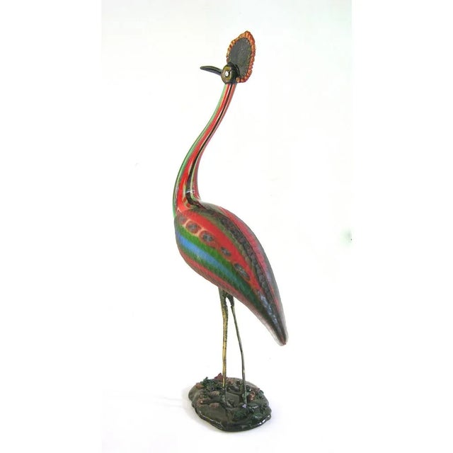 This very expressive crested crane art glass sculpture, from the 1970s, is a true work of art, in sophisticated blown...