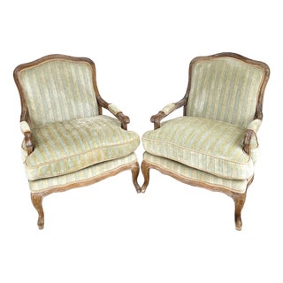 Plush Velvet French Country Fauteuil Armchairs Pair For Sale