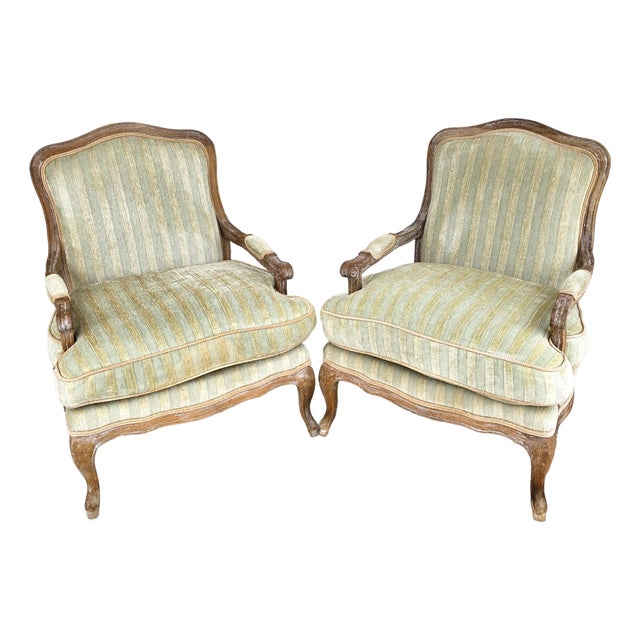 Plush Velvet French Country Fauteuil Armchairs Pair For Sale