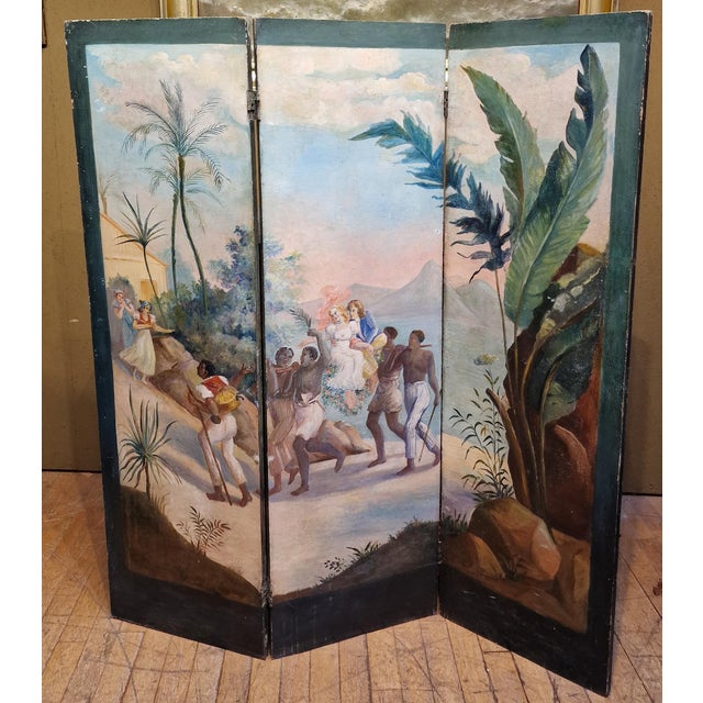 A beautiful hand-painted screen depicting a scene from the wedding of Paul and Virginia. After Jacques-Henri Bernardin de...