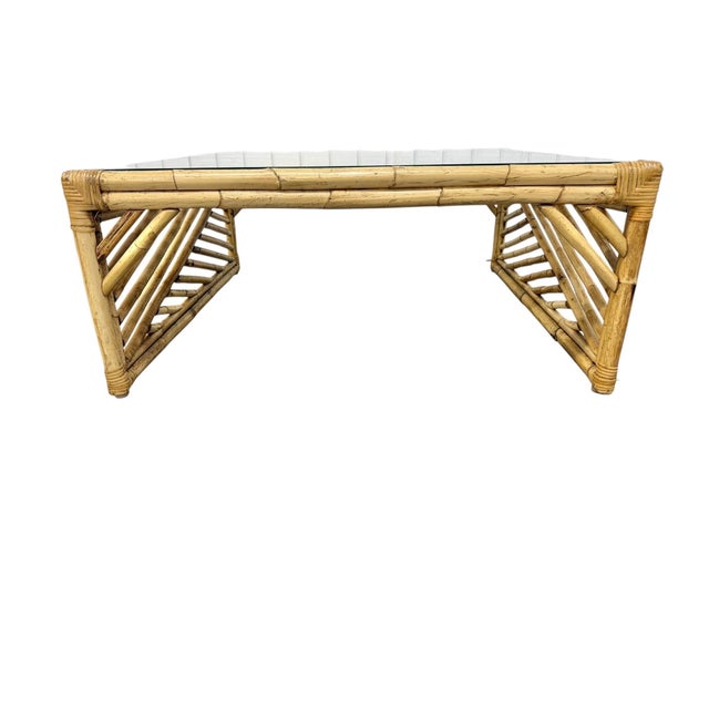 Vintage Bamboo Square Glass Top Coffee Table For Sale - Image 4 of 8