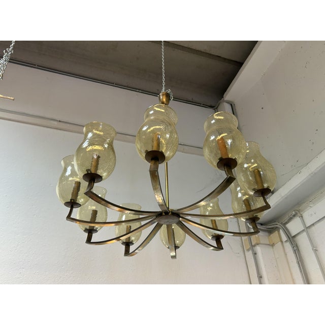 Vintage Chandelier in Brass and Etched Glass, 1950s, in Very Good conditions. Designed 1950 to 1959 Up to 250V (Europe/UK...