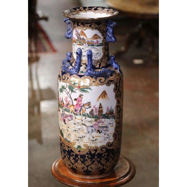 Add color, movement, and exotic character to a console or center table with this unusual vintage Chinese porcelain vase....