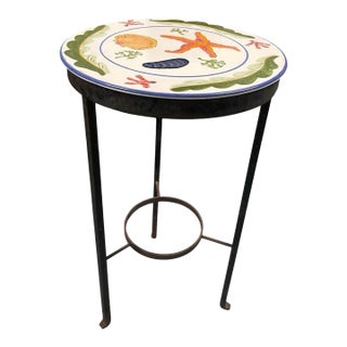 Mediterranean Style Hand-Painted Ceramic and Wrought Iron Coastal Martini Table For Sale