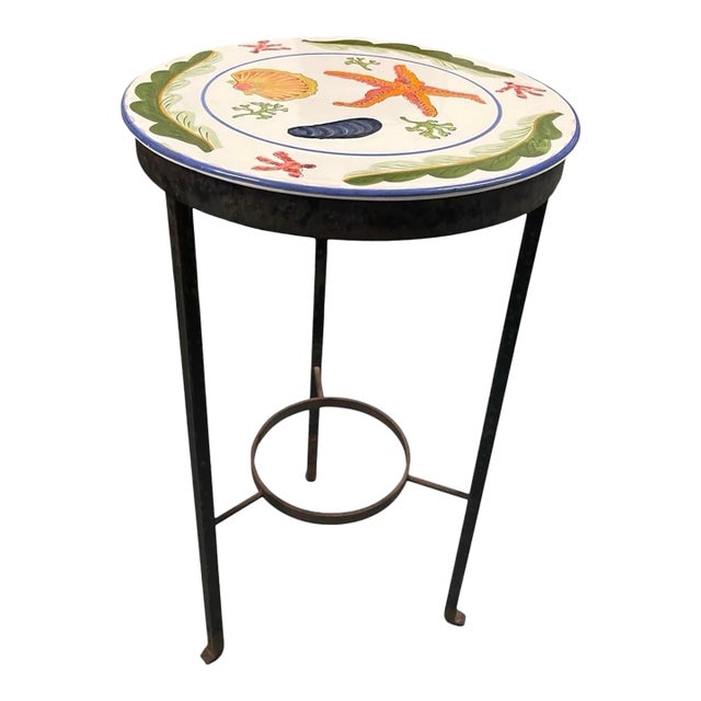 Mediterranean Style Hand-Painted Ceramic and Wrought Iron Coastal Martini Table For Sale