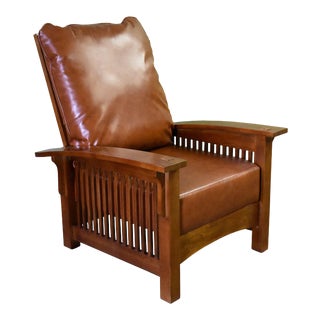 Crafters and Weavers Craftsman / Mission Leather and Oak Morris Chair Russet Brown Leather (Rb2) For Sale