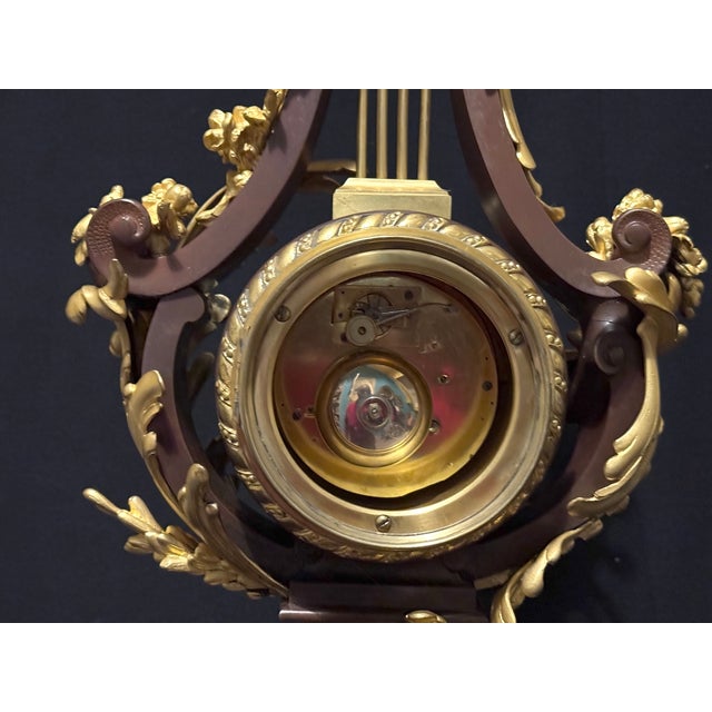 1840-1860 French Bronze Lyre Clock Louis XVI Style, Bronze/Marble For Sale - Image 12 of 18