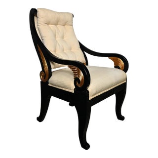 Late 20th Century Neoclassic Revival Black Side Chair With Gilt Wing Accents & Off-White Fabric For Sale