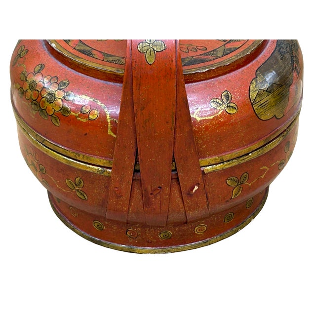 Vintage Oriental Brick Red Golden Graphic Stack Wedding Basket Display For Sale - Image 11 of 18