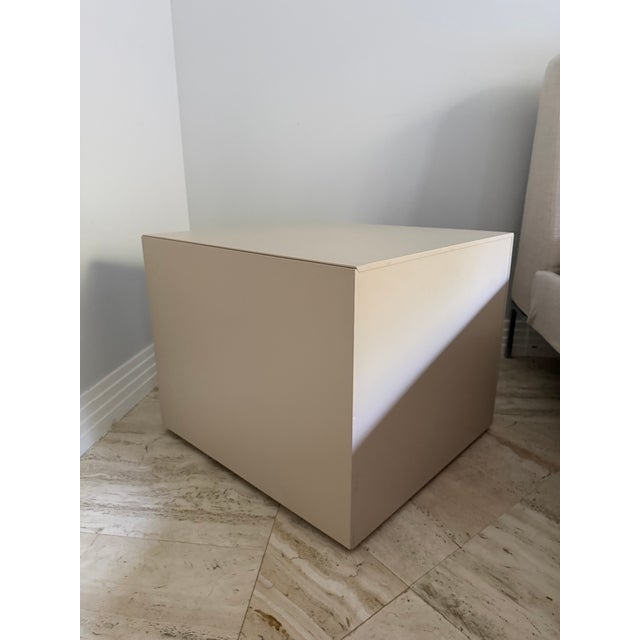 Dado bedside table. Frame is MDF wood paneling in a satin tan finish. Drawers are glossy lacquered melamine. Top Drawer in...