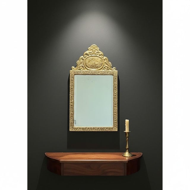 Wood Antique 19th C Dutch Repousse Brass Beveled Glass Wall Mirror-Victorian-Gold For Sale - Image 7 of 11