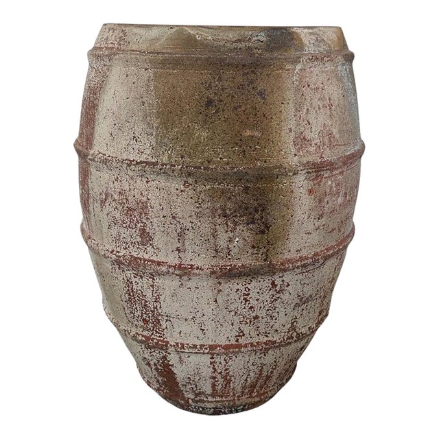 Monumental Ribbed Terracotta Planter With Heavily Distressed Patina For Sale