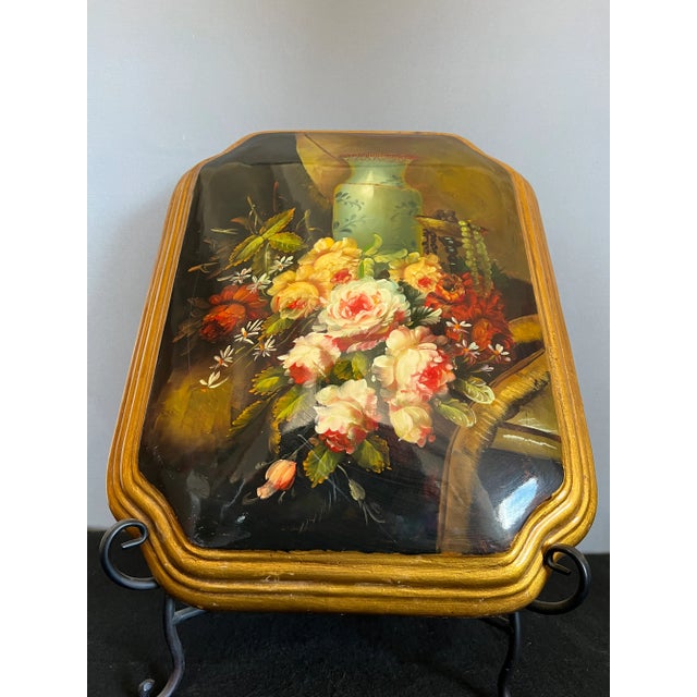 Wood Vintage Handpainted Russian Still Life Lacquered Painting With Gilded Edges For Sale - Image 7 of 12