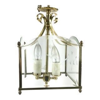 Vintage Brass Framed Etched Glass Chandelier For Sale